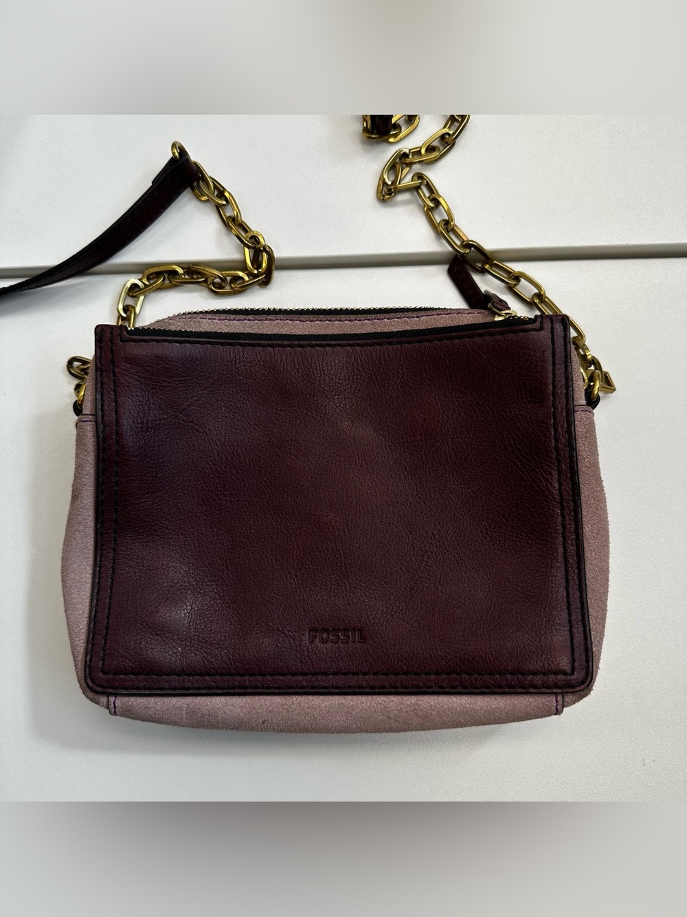 FOSSIL Leather Crossbody Bag Burgundy Triple Zip Gold Hardware